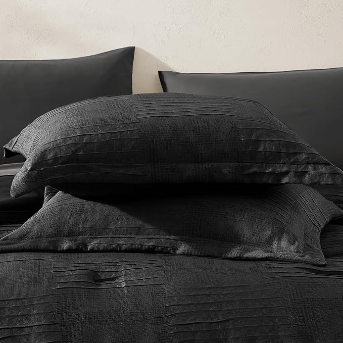 MaiRêve Queen Comforter Set Black, Textured Design Crinkle Bedding Sets 7 Pieces, All Season Bed in A Bag with Comforter, Sheets, Pillowcases & Shams