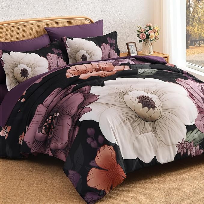 Xruibed Black Purple Floral Comforter Set Queen Size 7 Pieces Bed in a Bag Flower Bedding Sets Lightweight Boho Bed Set with Sheet,Pillowcases&Shams for All Season