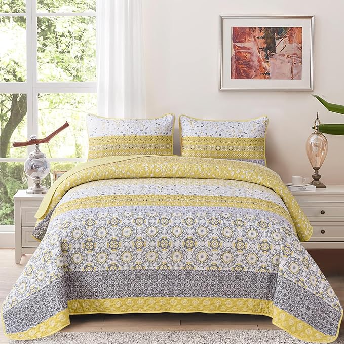 WONGS BEDDING Boho Quilt Set California King, Yellow Bohemian Striped Patchwork Bedspread Coverlet Set with 2 Pillowcases,Lightweight Microfiber Floral Bedding Set 106"×96"