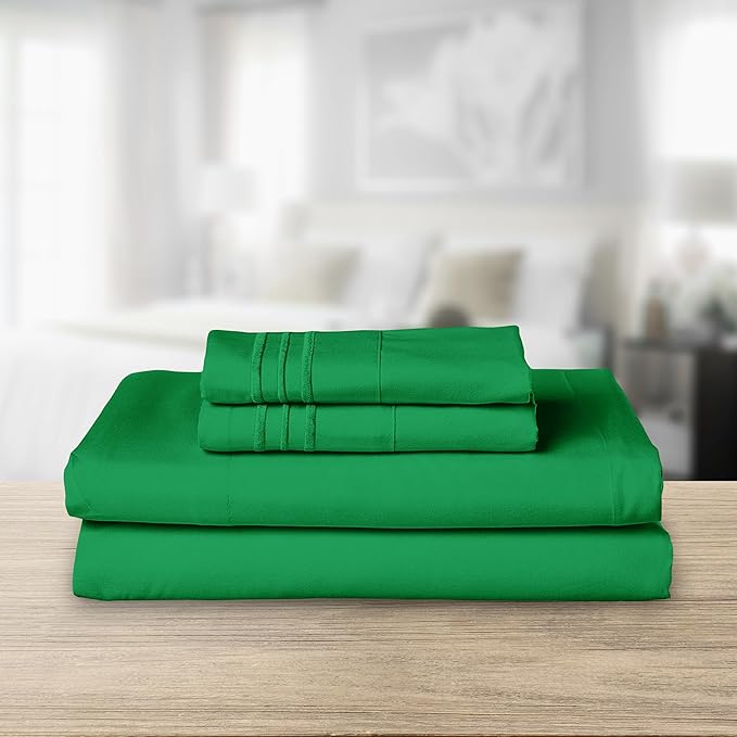 Elegant Comfort Luxurious 1500 Premium Hotel Quality Microfiber Three Line Embroidered Softest 4-Piece Bed Sheet Set, Wrinkle and Fade Resistant, Full, Emerald Green