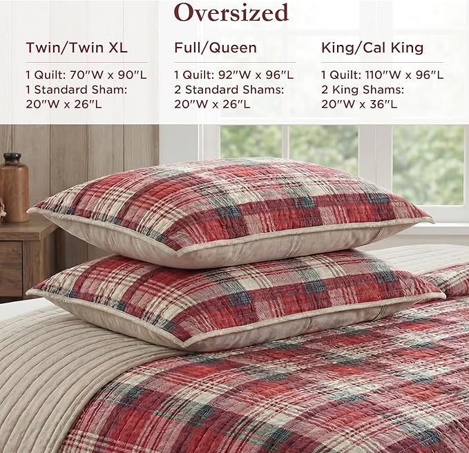 Woolrich Reversible Quilt Cabin Lifestyle Design - All Season, Breathable Coverlet Bedspread Bedding Set, Matching Shams, Oversized King/Cal King, Tasha Plaid Red/Tan 3 Piece