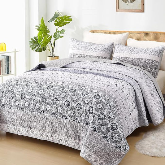 WONGS BEDDING Boho Quilt Set King, Bohemian Grayish Blue Striped Patchwork Bedspread Coverlet Set with 2 Pillowcases,Lightweight Microfiber Floral Bedding Set 104"×90"