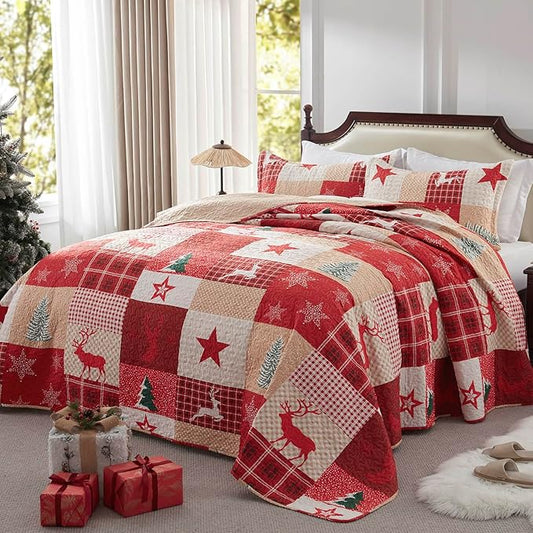 LEAONME Christmas Quilt Set 3-Piece King Size Bedspread Coverlet 98''x106'' Lightweight Patchwork Oversized Bedding Set with 2 Pillow Shams for All Seasons