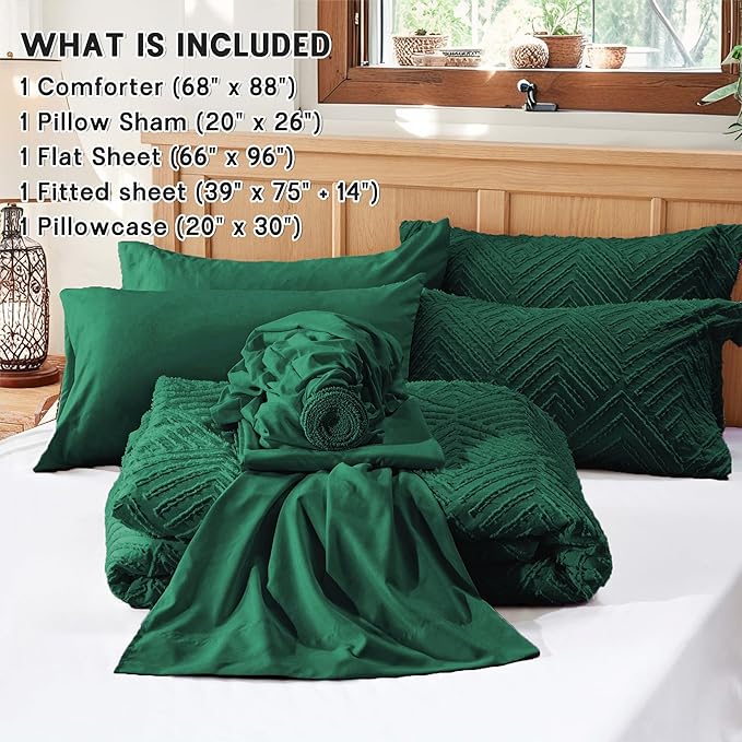 Zzlpp Twin Comforter Set 5 pieces, Emerald Green Tufted Bed in a Bag with Comforter and Sheets, All Season Boho Bedding Sets with 1 Comforter, 1 Pillow Sham, 1 Pillowcase, 1 Flat Sheet, 1 Fitted Sheet