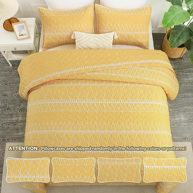 Andency Yellow California King Quilt Set, 3 Pieces Boho Lightweight Soft Striped Cal King Bedspread for All Season (112"x104"), Printed Bohemian Microfiber Reversible Coverlet Comforter Sets