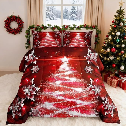 Feelyou Christmas Comforter Set Queen Size Red Christmas Tree Bedding Set Glitter Snowflake Comforter Microfiber Kids Adults Holiday Winter Duvet Quilt Xmas Room Decor