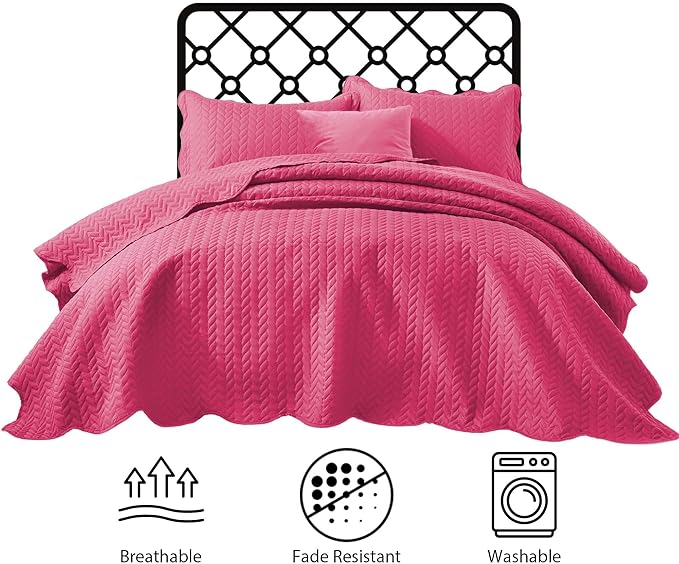 IR Imperial Rooms Queen Quilt Bedding Set Size (90" x 96") + 2 Pillow Shams (20" x 26"+ 2") - 3 Pcs All Season Lightweight Reversible Microfiber Coverlet Embossed Quilt Bedspread (Pink)
