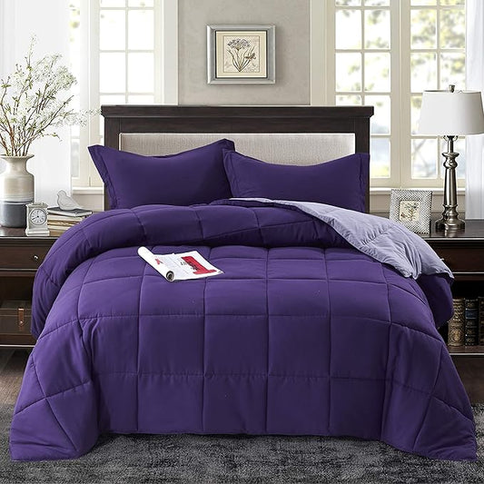 HIG 3pc Down Alternative Comforter Set - All Season Reversible Comforter with Two Shams - Quilted Duvet Insert with Corner Tabs - Box Stitched - Super Soft, Fluffy (King/Cal King, Purple)