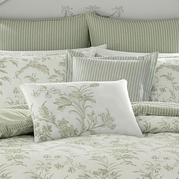 Laura Ashley - Queen Comforter Set, Reversible Cotton Bedding, Includes Matching Shams with Bonus Euro Shams & Throw Pillows (Natalie Sage/Off White, Queen)