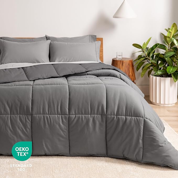 Bare Home Reversible Bed-in-A-Bag Comforter & Sheet Set - Twin - Down Alternative - Soft - Bedding Set (Twin, Light Grey/Grey)
