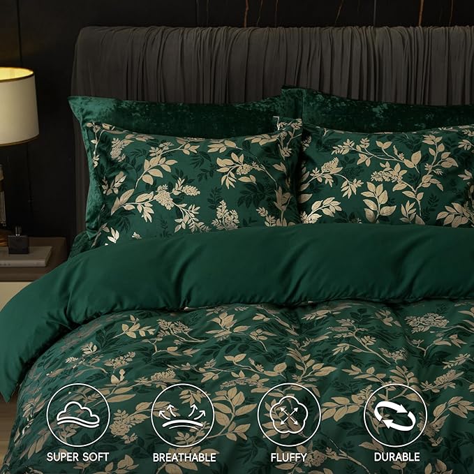 PHF Truly Velvet Duvet Cover Set Queen Size, 3pcs Leaves Print Ultra Soft Breathable Comforter Cover Set, Luxury Cozy Flannel Duvet Cover with Pillow Shams Bedding Collection, 90" x 90",Green and Gold