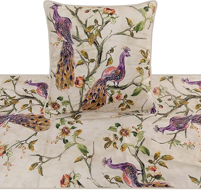 The HomeCentric King Queen Twin Ivory & Multicolor Decorative Queen 74"x18" Bed Runner Without Pillow Cover, Peacock Bed Scarf on Cotton Printed with Beads Fabric - Peacock Queen