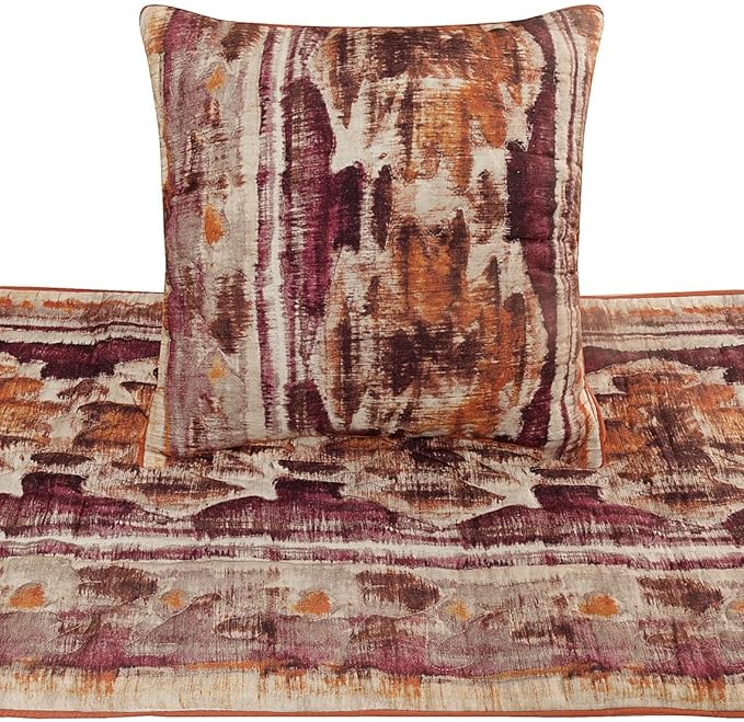 The HomeCentric King Queen Twin Pink & Orange Designer Full 68"x18" Bed Runner with 2 Pillow Cover, Ikat & Quilted Bed Scarf on Cotton Printed Fabric - Ikat Splash