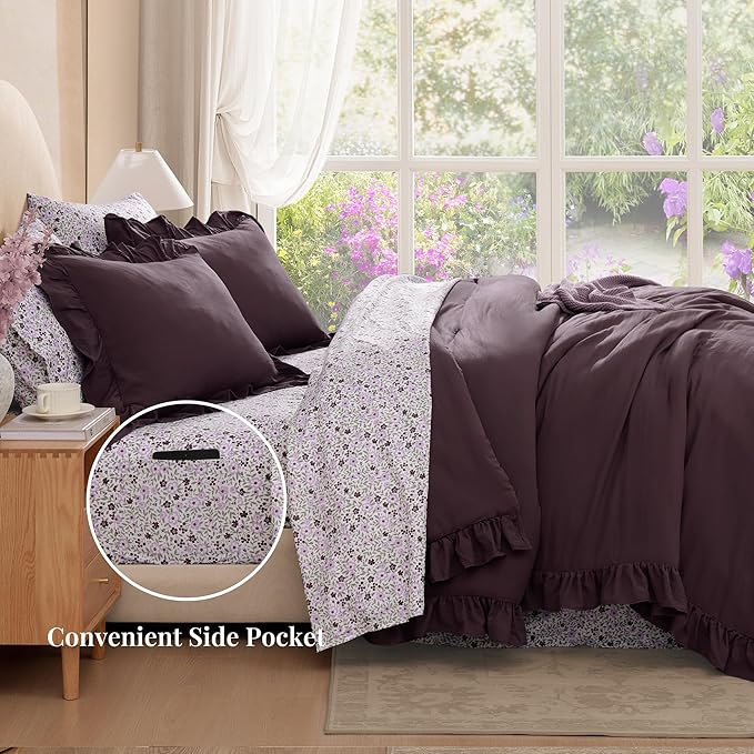 Oversized Queen Comforter Set - 7 Pieces Ruffle Dark Purple Bedding Sets, Shabby Chic Farmhouse Bed in a Bag with Ruffle Comforter, Floral Sheets, Pillowcases & Shams