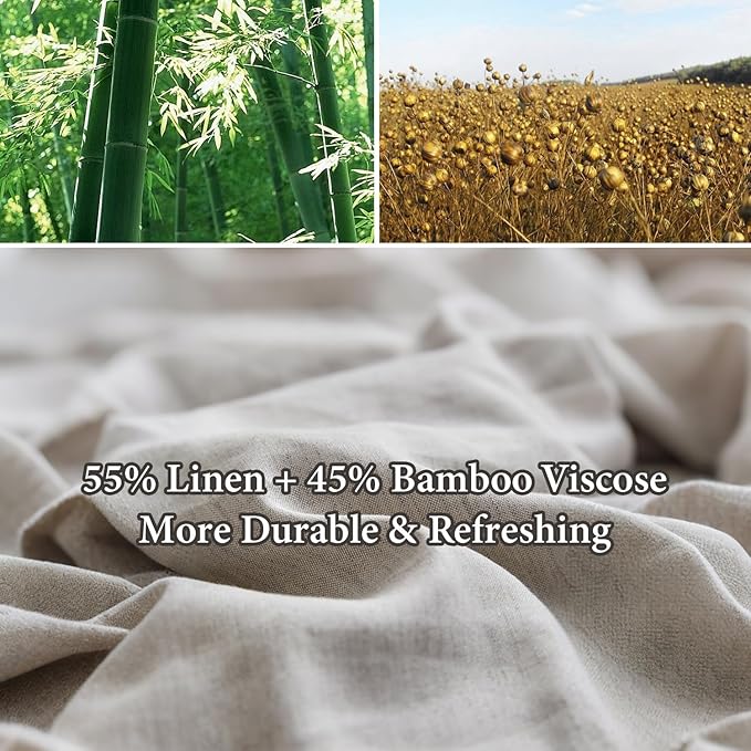 Simple&Opulence French Linen Blended Duvet Cover King, Flax Viscose Derived from Bamboo Bedding Set with Pom Pom Trim Soft Cooling for Hot Sleepers, 1 Boho Comforter Cover and 2 Pillow Shams, Linen