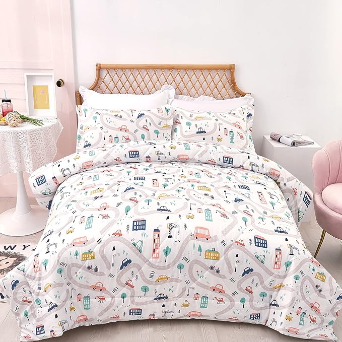 JSD Car Kids Comforter Set Twin Size, 2 Piece Printed Microfiber Comforter with Pillow Sham, Lightweight All Season Washable