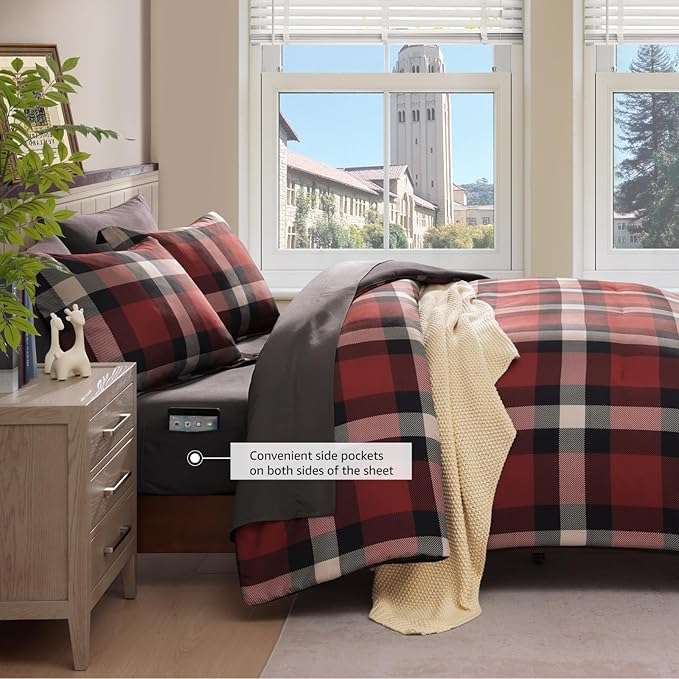 Queen Comforter Set, Red Plaid Bedding Set 7 Pieces for Boys Girls Teen, Classic Checkered All Season Bed in a Bag with Sheets, Pillowcases & Shams