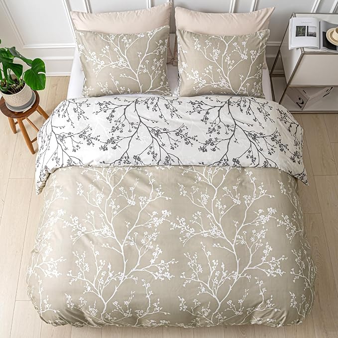 Lekesky Queen Size Duvet Cover Set, Reversible Duvet Cover Queen with Branch Pattern, Lightweight Soft Microfiber Comforter Cover, 3 Pieces Khaki Bedding Set with Zipper and 2 Pillowcases