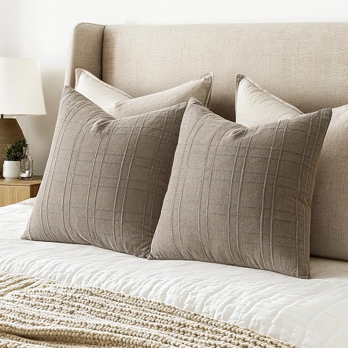 MIULEE Decorative Linen Check Euro Shams Throw Pillow Covers Neutral Farmhouse Vintage Pillow Covers 22x22 Set of 2 Boho Modern Winter Home Decor for Sofa Couch Bedroom Cushion Tan Taupe