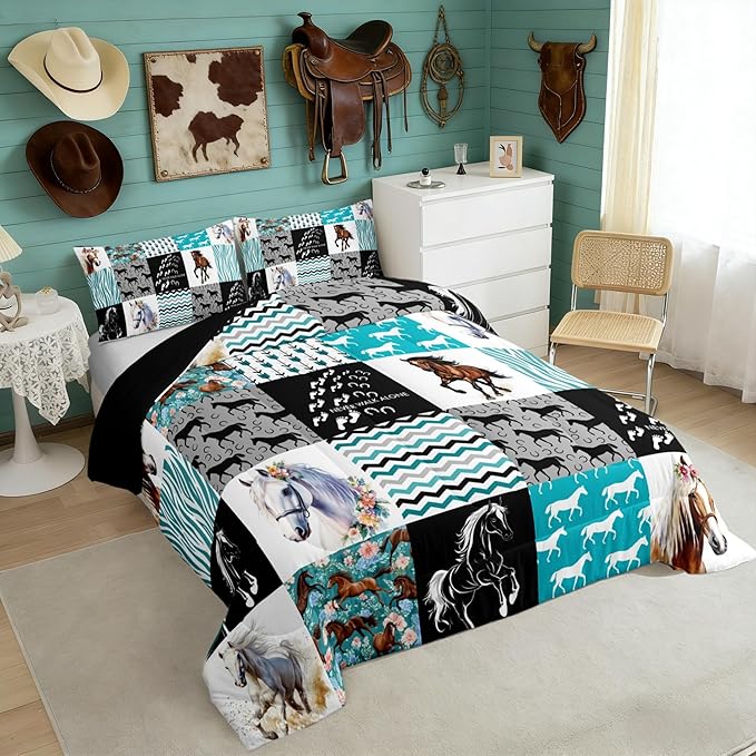 Horse Bedding,Western Farmhouse Horse Comforter Set For Girls Twin Bed,Boho Arrow Teal Zebra Stripe Comforter For Kids Boys Women,Rose Flower Rustic Cowboy Quilt Duvet sets 1 Pillowcases Black White