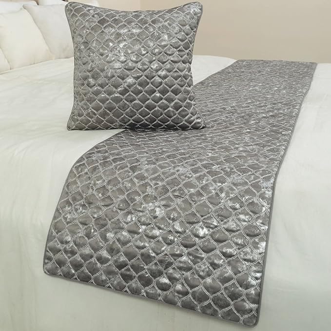 The HomeCentric King/Queen/Twin Grey & Silver Designer Queen 74"x18" Bed Runner with 2 Pillow Cover, Quilted, Foil & Trellis Bed Scarf on Silk Fabric - Jumanah