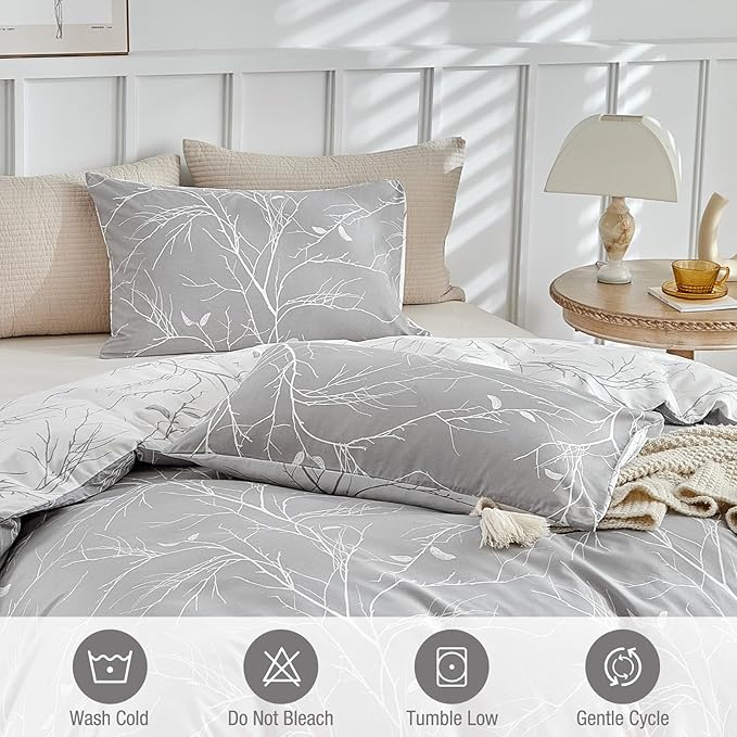 Lekesky Reversible Duvet Cover Queen Size, Grey White Branch Comforter Cover Queen 3pcs Microfiber Botanical Bedding Set with Zipper Closure Corner Ties