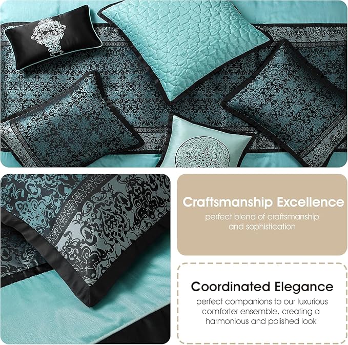 Grand Avenue Black & Teal Comforter Set California King, Classic Jacquard Bedding Sets, Faux Silk, Premium Microfiber, 8 Pieces Bed in a Bag, Embroidered Pillows
