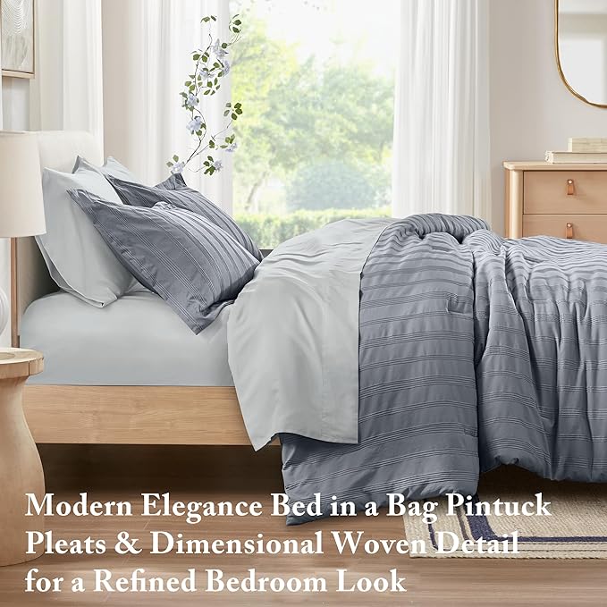 Madison Park Essentials Striped Comforter Set King, 7 Pieces Modern Minimalist Jacquard Bedding Set for All Season, Bed in A Bag with Sheet Set and Soft Brushed Reverse, Lightweight Blue/Grey