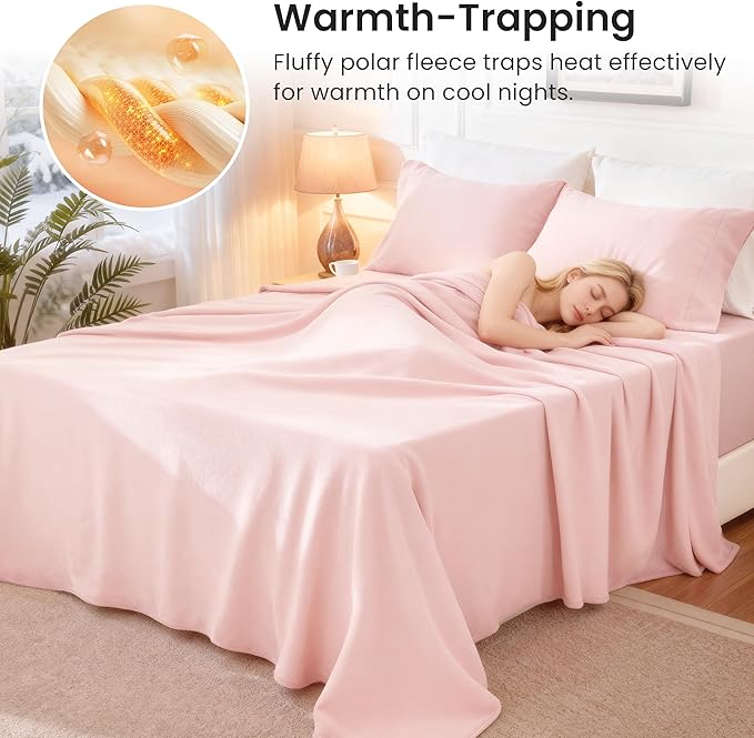 Love's cabin Fleece Twin Sheet Set - 3 Pcs Pink Super Soft Plush Polar Fleece Bed Sheets Set with 16" Deep Pocket,Cozy Warmth for Cold Season(1 Flat Sheet,1 Fitted Sheet,1 Pillow Case)