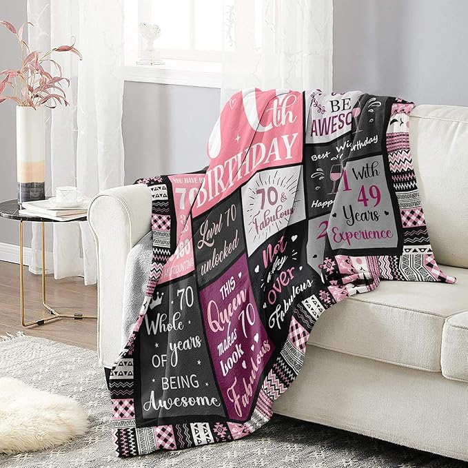 70th Birthday Gifts for Women, Happy 70th Birthday Decorations, 1956 Birthday Gifts for 70 Year Old Woman, Soft Flannel Pink Throw Blanket 60”X50”