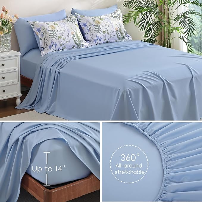 Yiran King Size Comforter Set, 7 Pieces Blue White Floral Soft Bedding Sets, King Bed in a Bag Botanical Flowers All Season Comforter, Sheets, Pillowcases & Shams