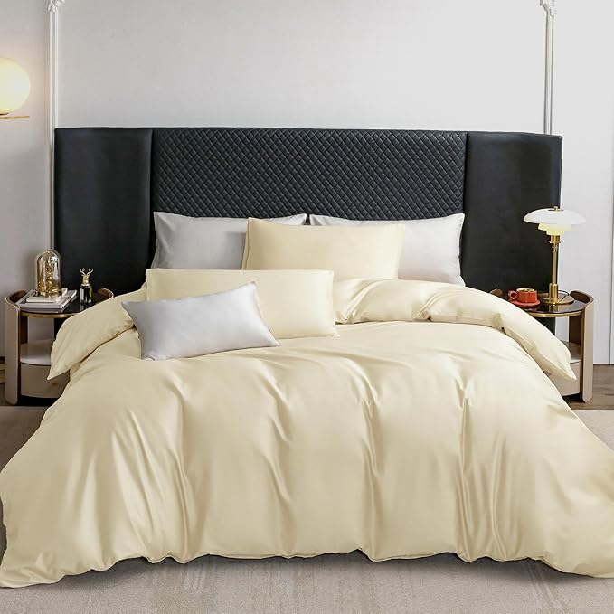 MooMee Duvet Cover Set 100% Extra Long Staple Cotton 600 Thread Count Silky Sateen Smooth Luxury Soft Breathable Durable Hotel Quality Bedding, 3 Pieces (Butter Yellow, King 104"x90")