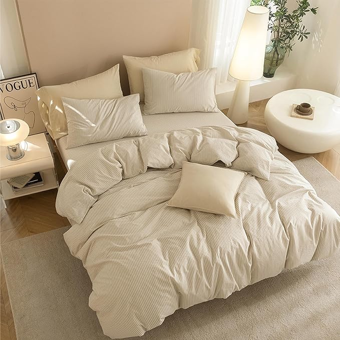 JIYUAN 100% Washed Cotton Striped Duvet Cover Set 3 Pieces King, 1 Duvet Cover and 2 Pillowcases(Comforter Not Included),Linen Like Comfy and Breathable,Pinstripes - Beige White