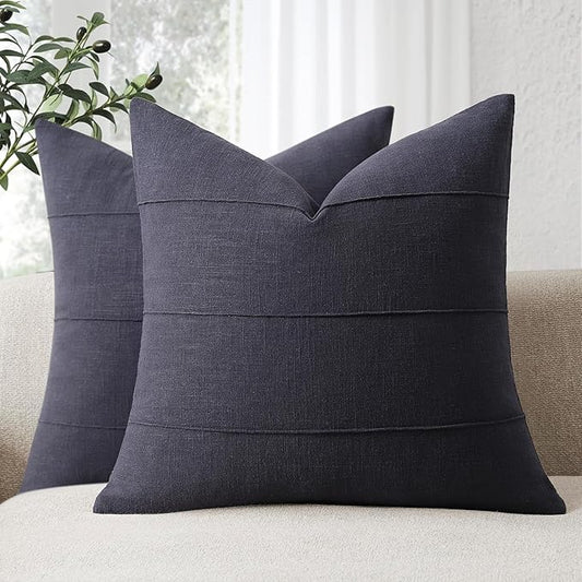 ZWJD Decorative Linen Throw Pillow Covers 20x20 Set of 2 Solid Handcrafted Striped Cushion Covers for Bed Soft Modern Farmhouse Neutral Pillowcase for Couch Bedroom Living Room Home Decor(Dark Navy)