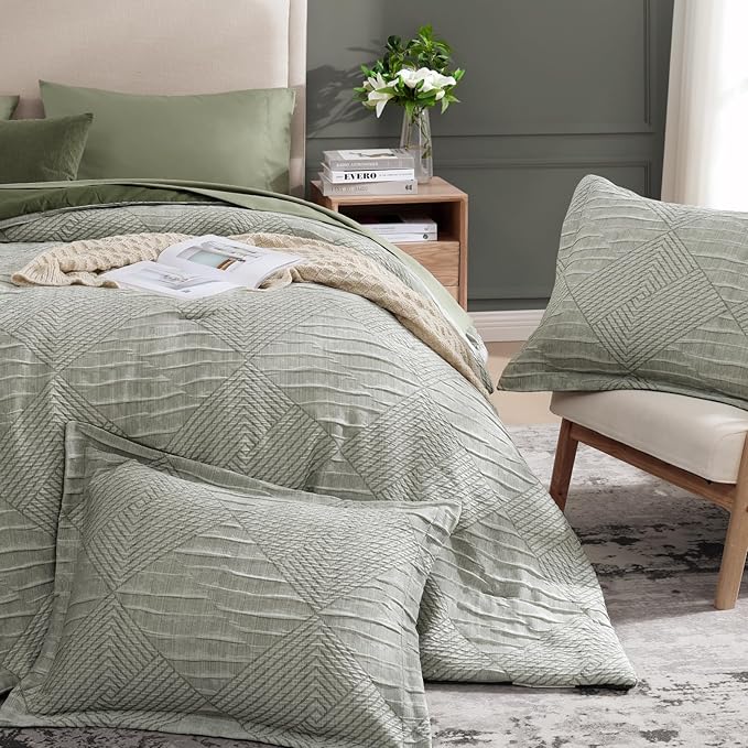 MaiRêve Queen Comforter Set Crinkle Textured, Light Olive Green Diamond Boho Bedding Set 7 Pieces Bed in A Bag, All Season Geometric Comforter Set with Sheets, Pillowcases & Shams