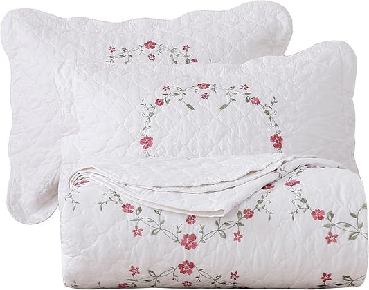 vctops 3-Piece Elegant Floral Embroidered Bedspread Coverlet Set 100% Cotton Reversible Patchwork 1 Quilt and 2 Pillow Shams Full/Queen, White