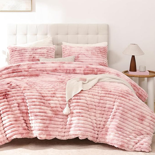 Smoofy Fluffy King Size Comforter Set 3 Pieces - Tie-dye Pink Fleece Fluffy Comforter Set, Luxury Fuzzy King Bedding Set, Soft King Bed Set All Season, Heavy Faux Fur Comforter with 2 Pillow Cases