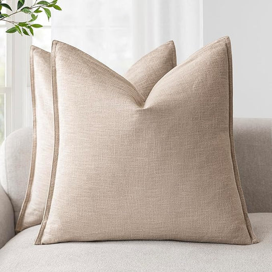 Foindtower Pack of 2, Decorative Linen Soild Throw Pillow Covers Soft Accent Cushion Case Farmhouse Neutral Pillowcase for Chair Couch Sofa Bedroom Living Room Home Decor 22 x 22 Inch Tan Beige