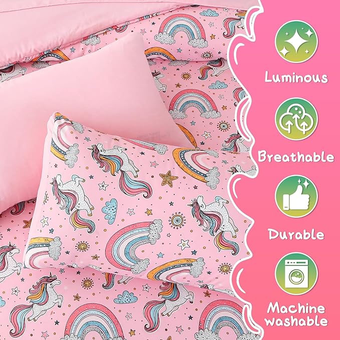 Glow in The Dark Kids Comforter Set, 5 Pieces Pink Unicorn Bedding Set Twin Size for Boys Girls Teen, 1 Comforter, 1 Pillowcase, 1 Pillow Sham,1 Flat Sheet, 1 Fitted Sheet