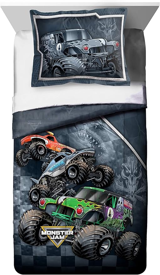 Jay Franco Monster Jam Slash 7 Piece Full Bed Set - Includes Reversible Comforter & Sheet- Bedding Features Grave Digger & Megalodon-Super Soft Fade Resistant Microfiber(Official Monster Jam Product)
