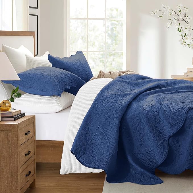 IR Imperial Rooms 10 Pack Queen Quilt Bedding Set (90" x 96") - Bulk Wholesale for Hotels, Guest Bedroom & Airbnbs - Lightweight Microfiber Reversible Floral Embossed Quilts Bedspreads (Blue)
