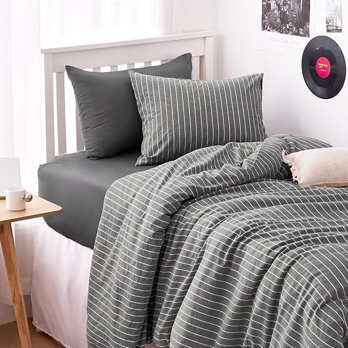 Wake In Cloud - Striped Cotton Duvet Cover Set, Ticking Stripe Vertical Pinstripe Farmhouse, 100% Washed Cotton Textured Percale Bedding Set, 3 Pieces, Gray, Twin Size