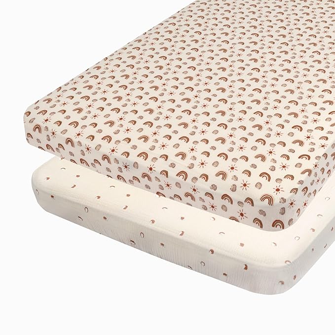 Muslin Cotton Crib Sheets for Boys and Girls, 2 Pack 52"x28" Fitted Baby Crib Sheet for Girl Boy, Soft Baby and Toddler Bed Sheets, Mattress Cover Muslin Cribs Sheet Set Nursery Gift Neutral Rainbow