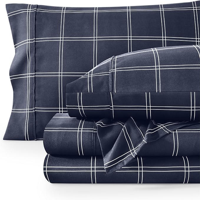Bare Home King Sheet Set - Luxury 1800 Ultra-Soft Microfiber Double Brushed - Deep Pockets - Easy Fit - 4 Piece Set (King, Modern Plaid - Midnight/White)