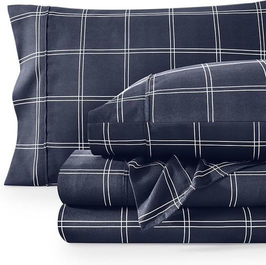 Bare Home Twin XL Sheet Set - Luxury 1800 Ultra-Soft Microfiber Twin XL Sheets - Double Brushed - Deep Pockets - Easy Fit - 3 Piece Set - Bedding Sheets (Twin XL, Modern Plaid - Midnight/White)