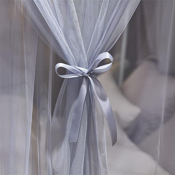 VETHIN 4 Corners Post Princess Bed Canopy Curtain Double Layer Cozy Drape Netting 4 Opening Mosquito Net for Girls & Adults Bedroom Decoration Accessories (Double Gray, 47" W*78" L*82"*H/Twin)