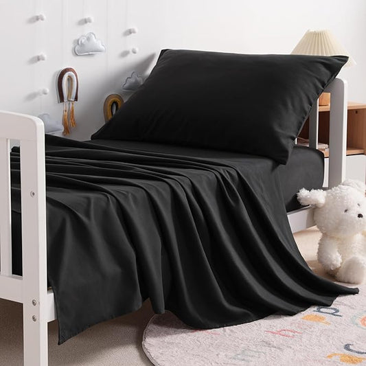 NTBAY Toddler Sheet Set - 3-Piece Microfiber Crib Sheet Set - Flat Sheet, Fitted Sheet, Pillowcase - Solid Toddler Bedding, Black