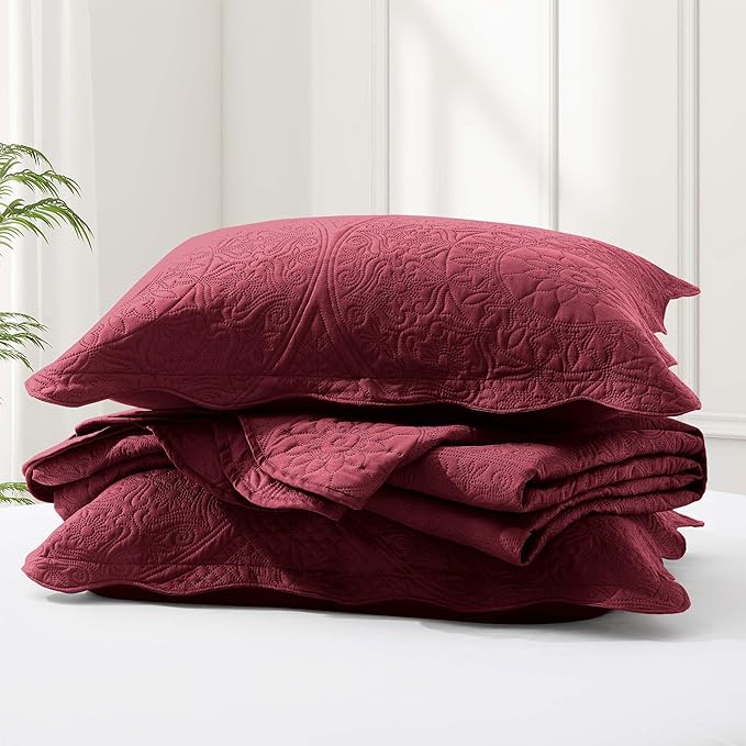 IR Imperial Rooms 8 Pack California King Quilt Bedding Set (118"x106") - Bulk Wholesale for Hotels, Guest Bedroom & Airbnbs - Microfiber Reversible Floral Embossed Quilts Bedspreads (Burgundy)