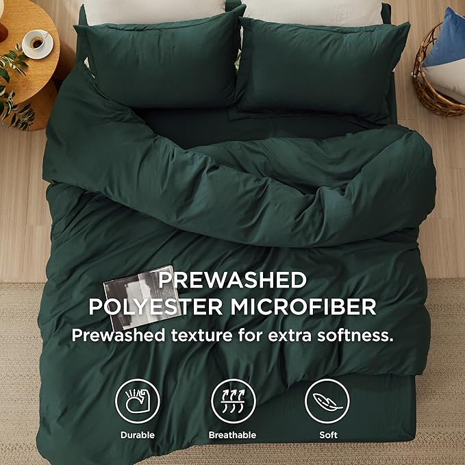 Bedsure Duvet Cover Full Size with Fitted Sheet - 4 Pieces Prewashed Cotton-Like Polyester Extra Soft Bedding Set, Includes 1 Duvet Cover 80x90 Inches, 2 Pillow Shams, 1 Fitted Sheet, Forest Green