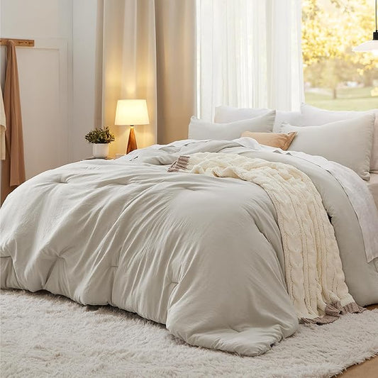 Bedsure California King Comforter Set, Beige Soft Prewashed Bedding for All Seasons, 3 Pieces GentleSoft™ Bed Set, 1 Lightweight Comforter (104"x96") and 2 Pillowcases (20"x36")